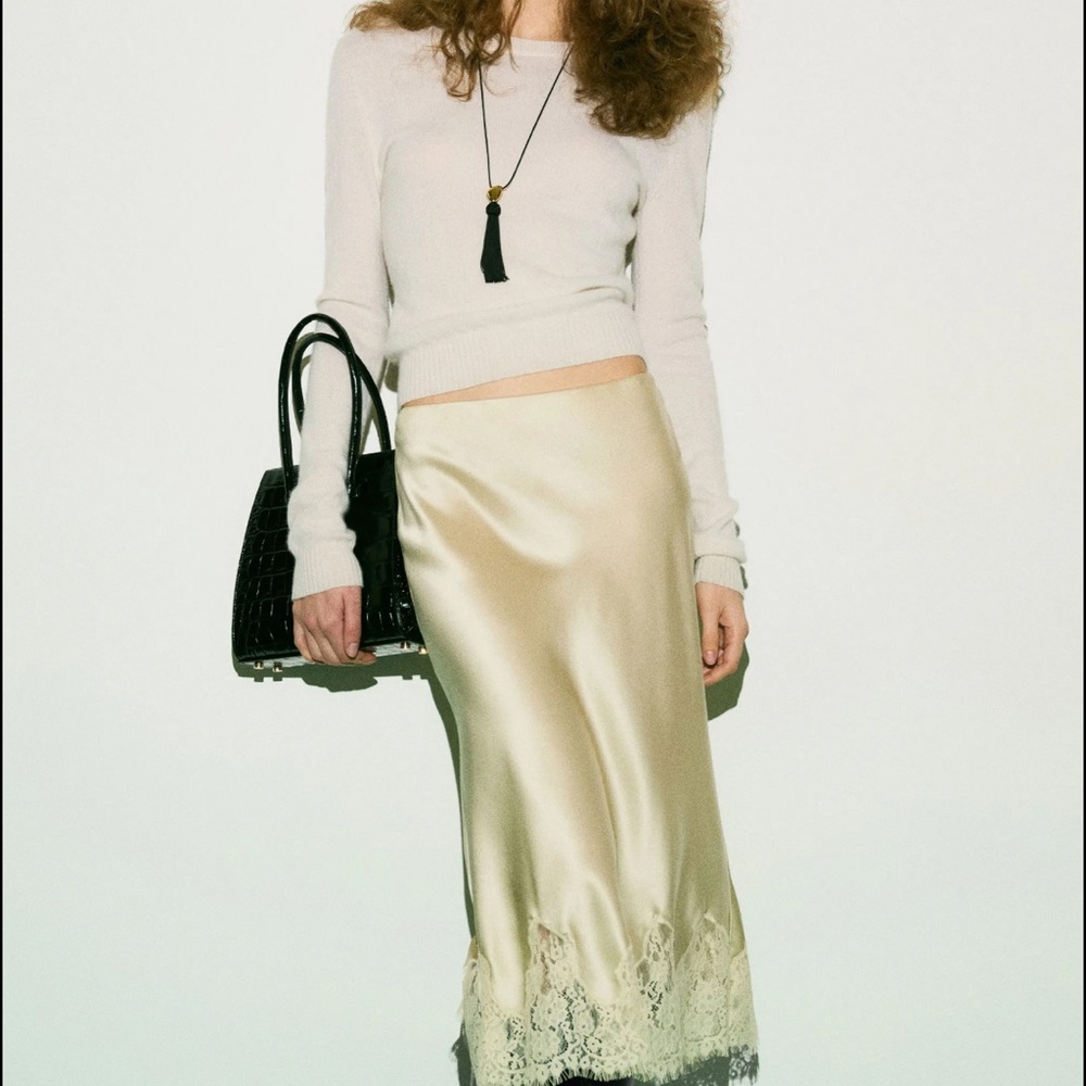 Reformation Satin Lace-Trim Maxi Skirt in Champagne